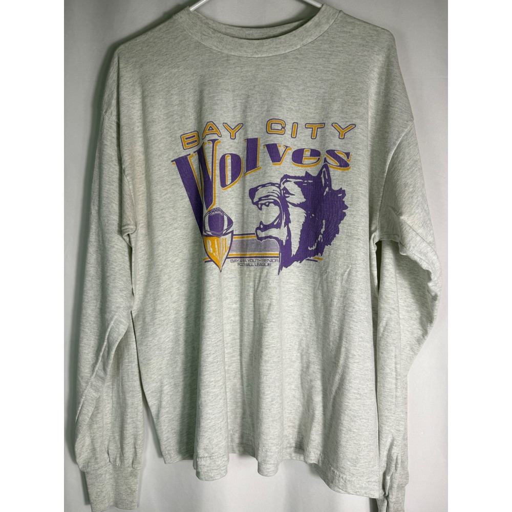 VTG Bay City Central‎ Wolves Football Long Sleeve T Shirt Fruit of the Loom XL